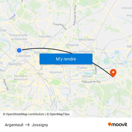 Argenteuil to Jossigny map