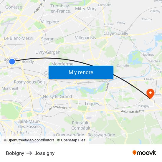 Bobigny to Jossigny map