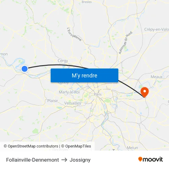 Follainville-Dennemont to Jossigny map