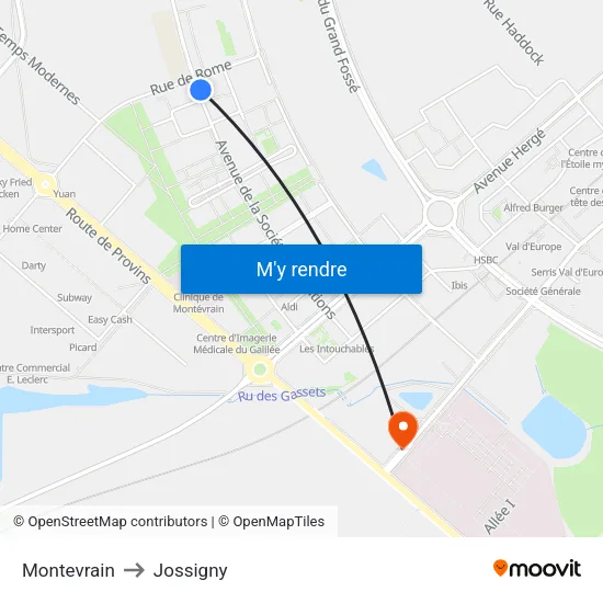 Montevrain to Jossigny map
