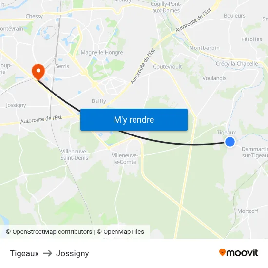 Tigeaux to Jossigny map