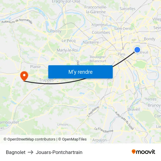 Bagnolet to Jouars-Pontchartrain map