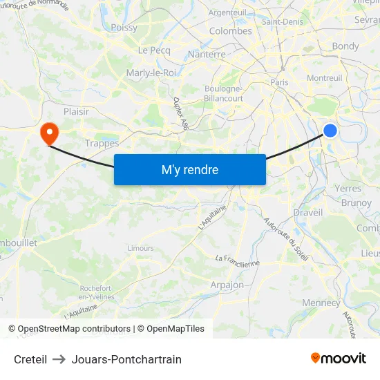 Creteil to Jouars-Pontchartrain map