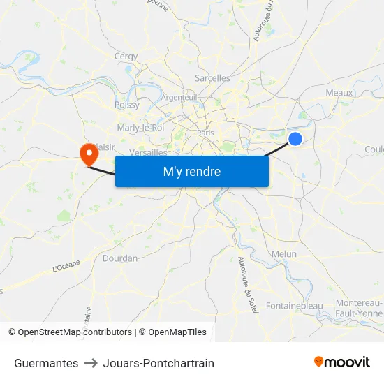 Guermantes to Jouars-Pontchartrain map