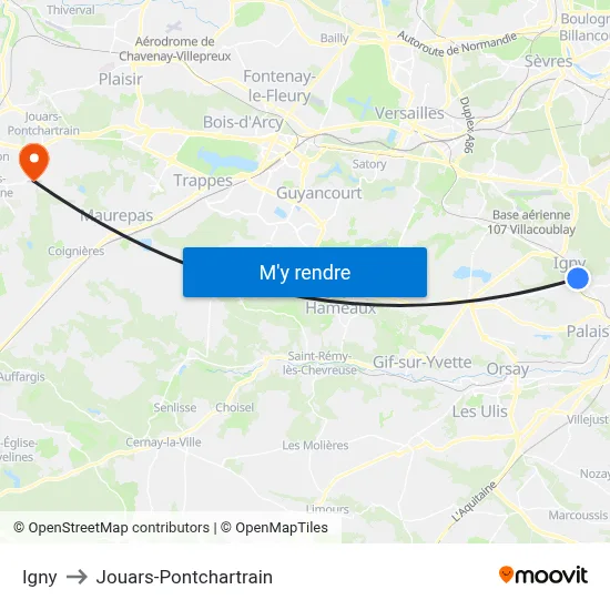 Igny to Jouars-Pontchartrain map