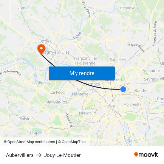 Aubervilliers to Jouy-Le-Moutier map