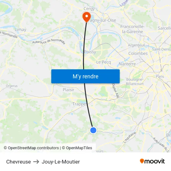 Chevreuse to Jouy-Le-Moutier map