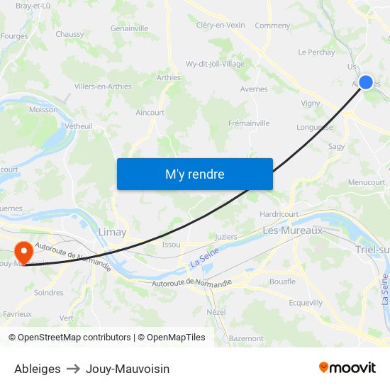 Ableiges to Jouy-Mauvoisin map