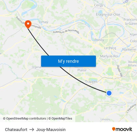 Chateaufort to Jouy-Mauvoisin map