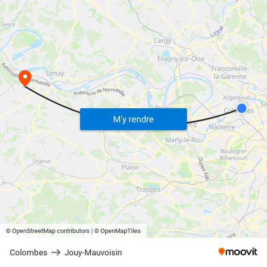 Colombes to Jouy-Mauvoisin map