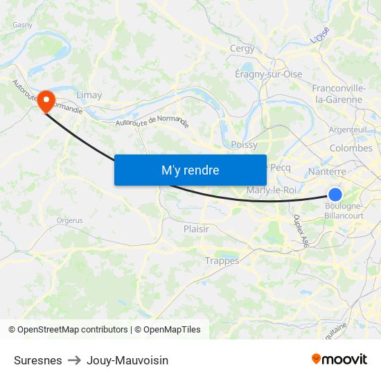 Suresnes to Jouy-Mauvoisin map