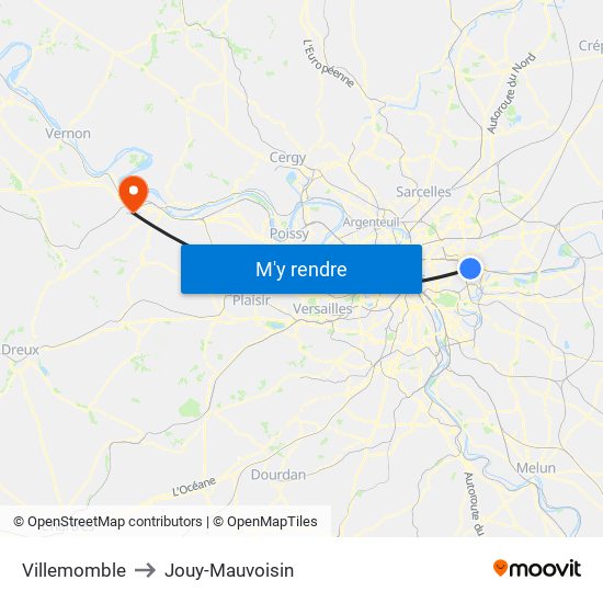 Villemomble to Jouy-Mauvoisin map