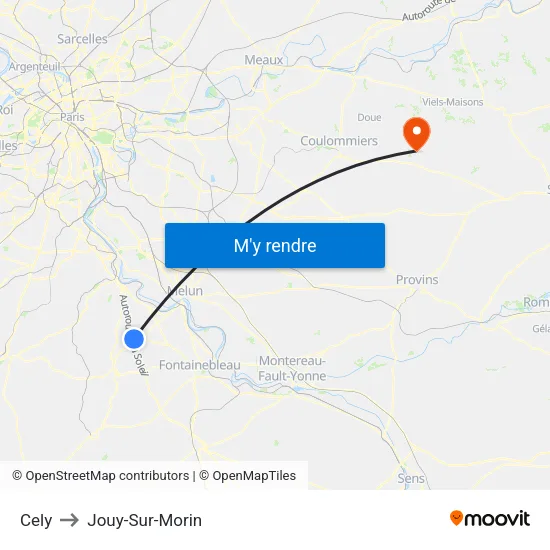 Cely to Jouy-Sur-Morin map