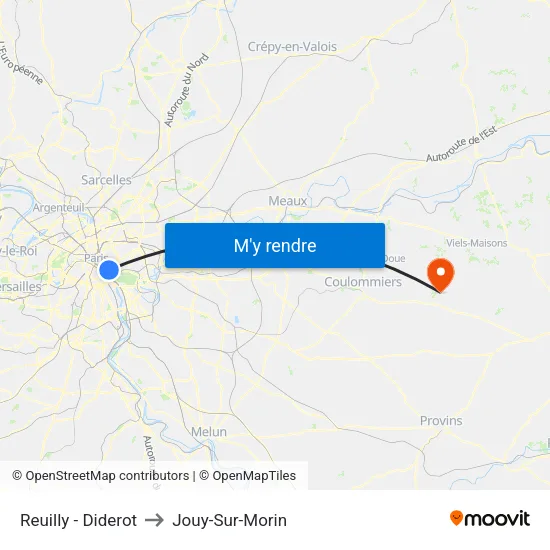 Reuilly - Diderot to Jouy-Sur-Morin map