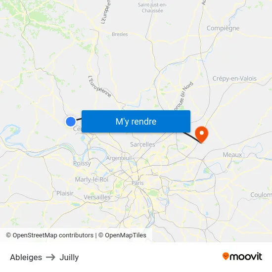 Ableiges to Juilly map