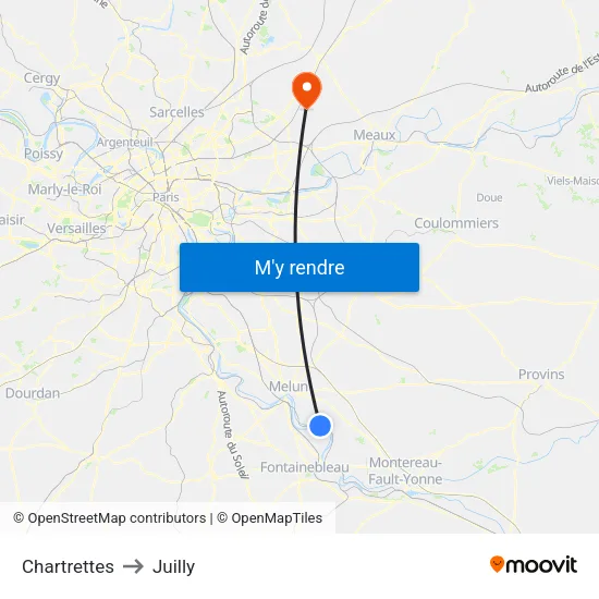 Chartrettes to Juilly map