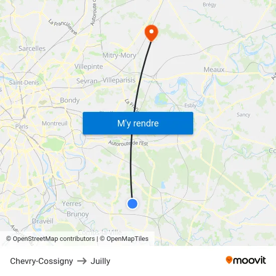 Chevry-Cossigny to Juilly map