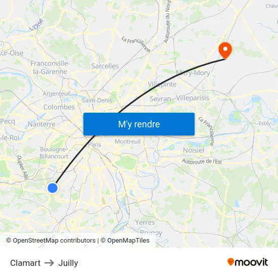 Clamart to Juilly map