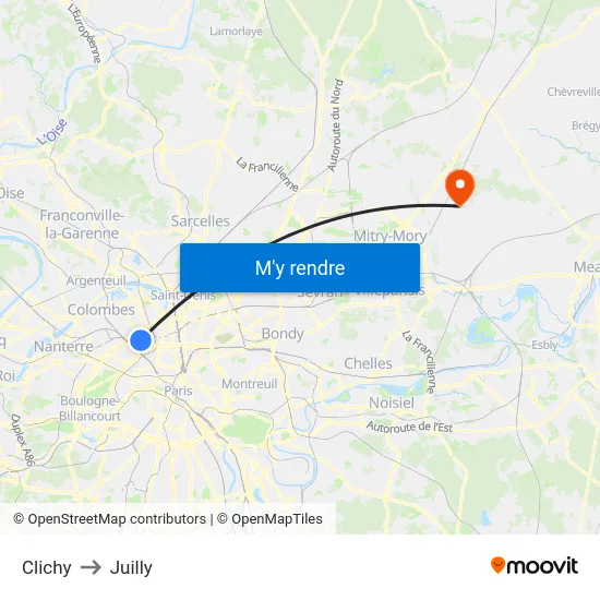 Clichy to Juilly map