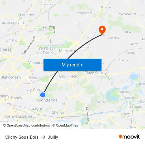 Clichy-Sous-Bois to Juilly map