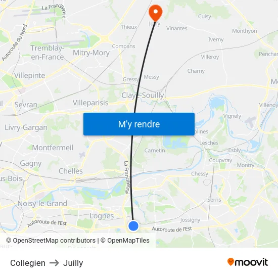 Collegien to Juilly map