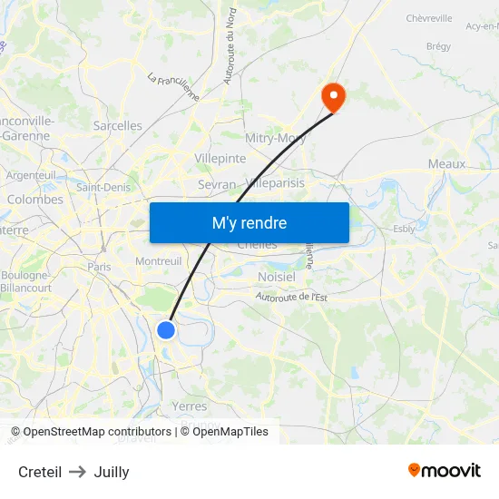 Creteil to Juilly map