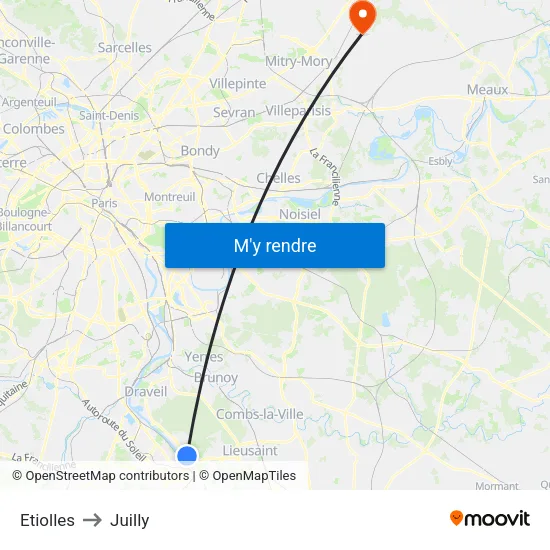 Etiolles to Juilly map