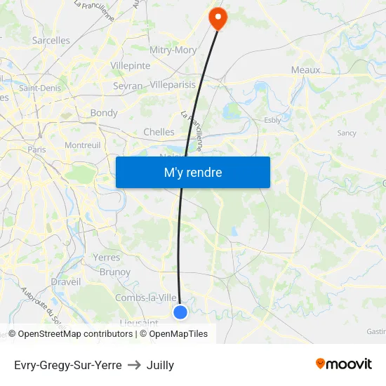 Evry-Gregy-Sur-Yerre to Juilly map