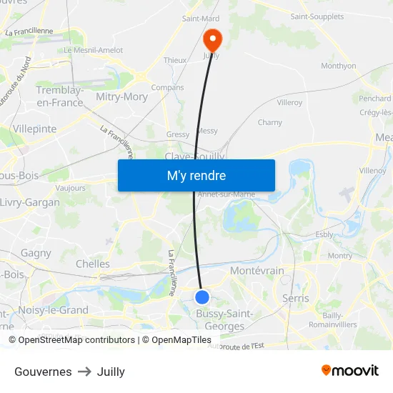 Gouvernes to Juilly map