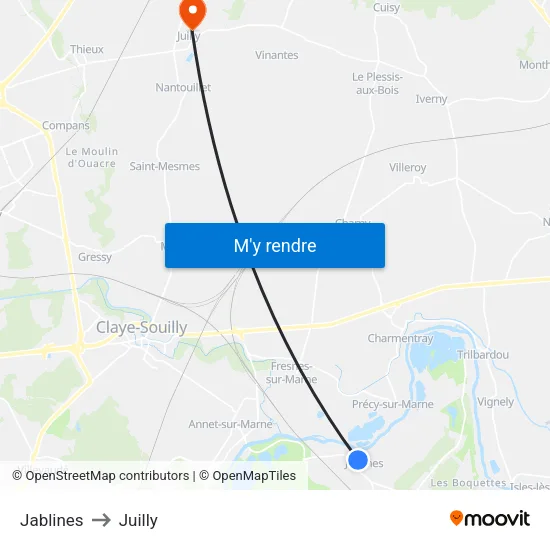 Jablines to Juilly map