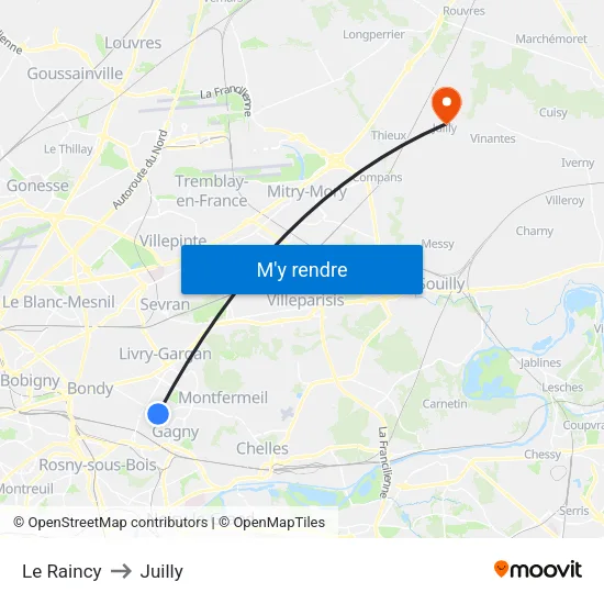 Le Raincy to Juilly map