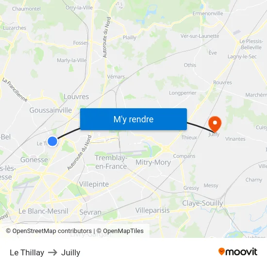 Le Thillay to Juilly map