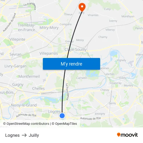 Lognes to Juilly map