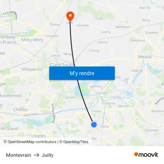 Montevrain to Juilly map