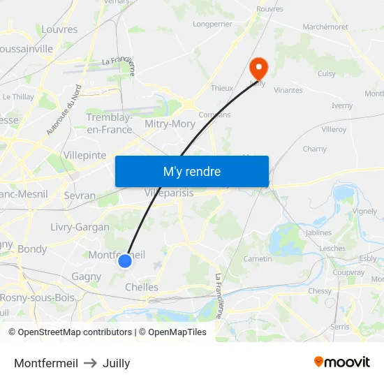Montfermeil to Juilly map