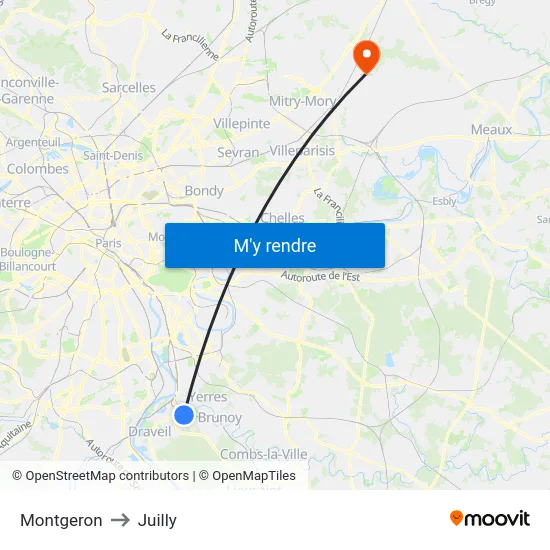 Montgeron to Juilly map