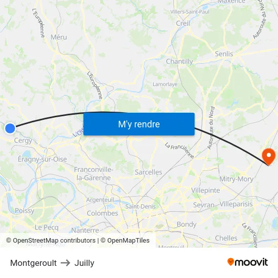 Montgeroult to Juilly map
