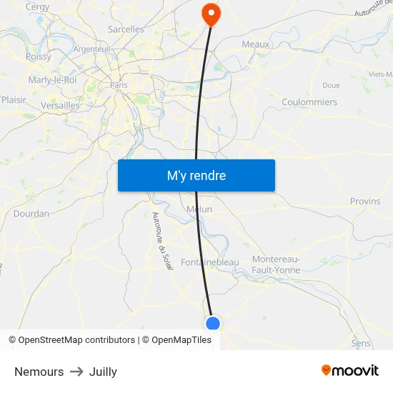 Nemours to Juilly map