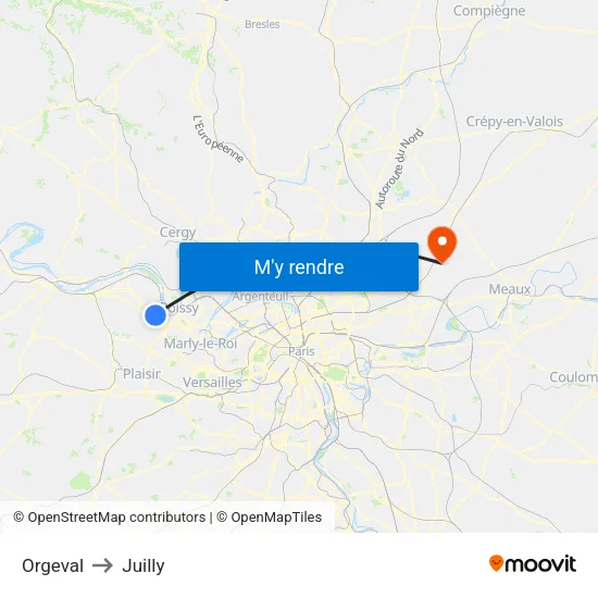 Orgeval to Juilly map