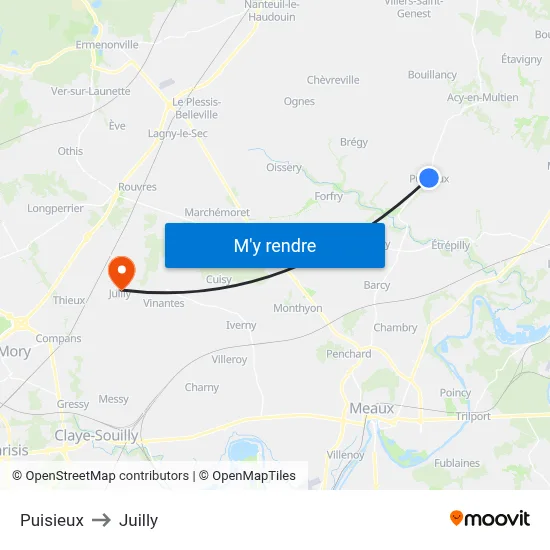 Puisieux to Juilly map