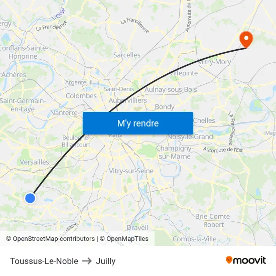 Toussus-Le-Noble to Juilly map