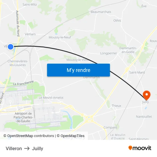 Villeron to Juilly map