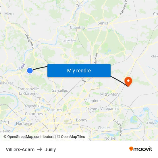 Villiers-Adam to Juilly map