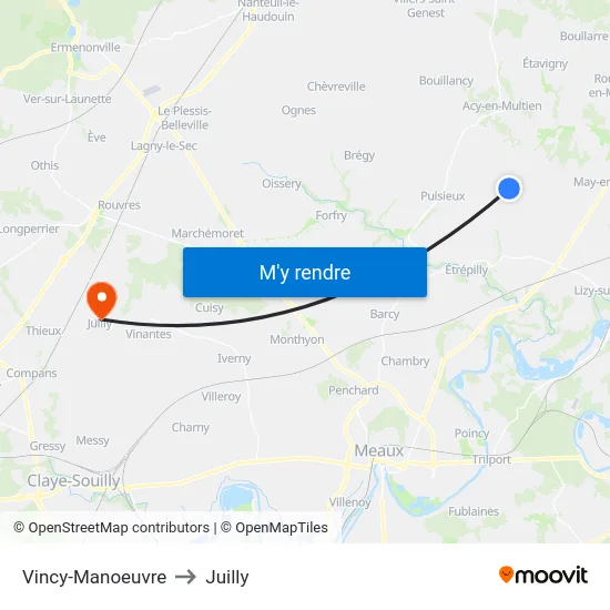 Vincy-Manoeuvre to Juilly map