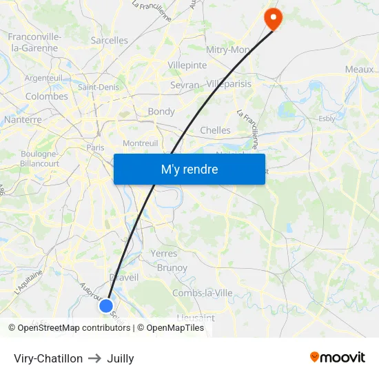 Viry-Chatillon to Juilly map