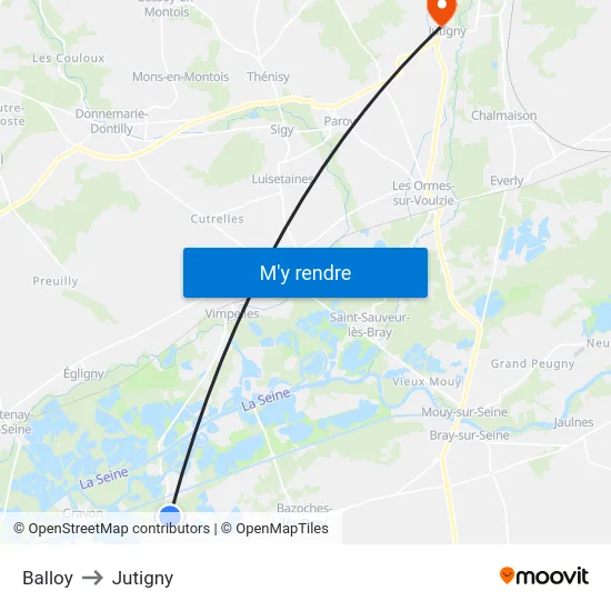 Balloy to Jutigny map