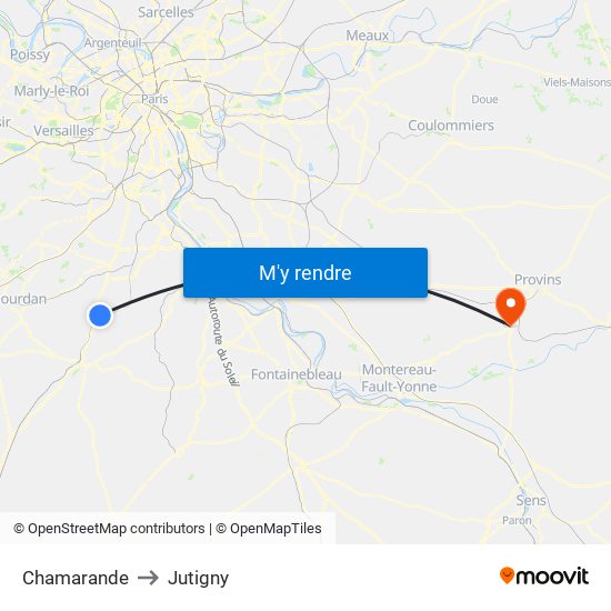 Chamarande to Jutigny map