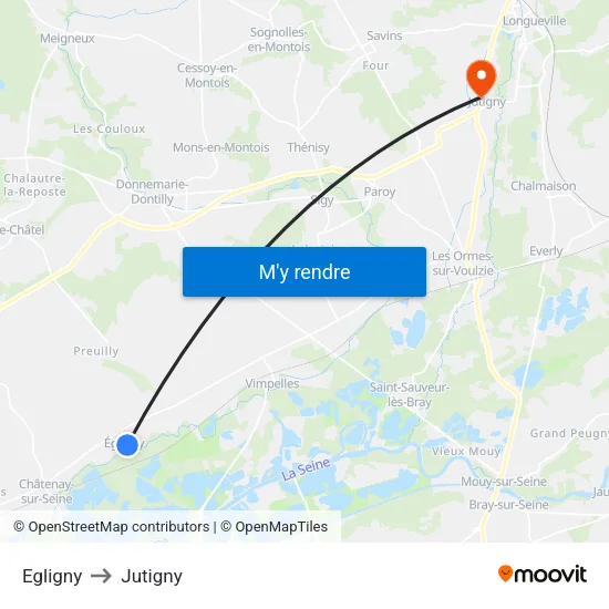 Egligny to Jutigny map