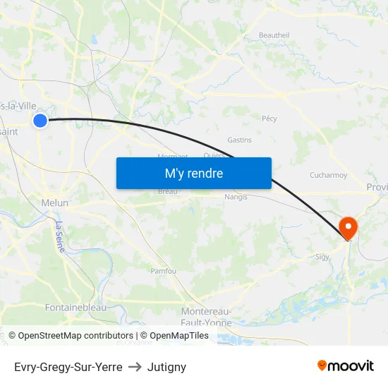 Evry-Gregy-Sur-Yerre to Jutigny map