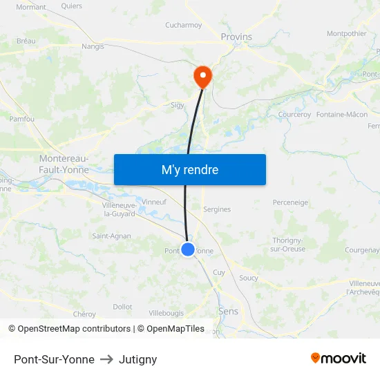 Pont-Sur-Yonne to Jutigny map